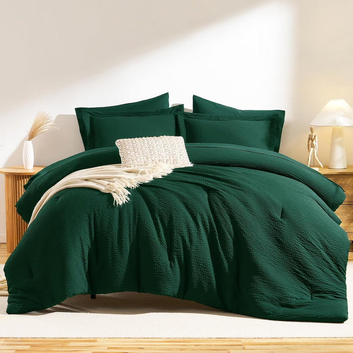 CozyLux Queen Comforter Set Emerald Green - 7 Pieces Striped Seersucker Bed in a Bag, Soft Lightweight Boho Bedding Set with All Season Comforters Queen Size, Sheets, Pillowcases & Shams