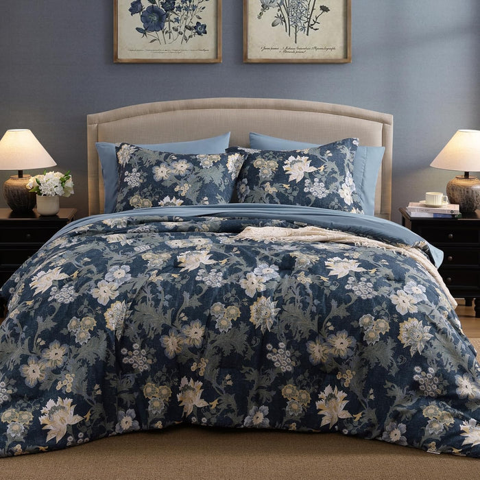Queen Comforter Set -7 Pieces Pink Floral Comforter Set for All Seasons, Bed in a Bag Queen with Botanical Flowers Comforter, Sheets, Pillowcases & Shams