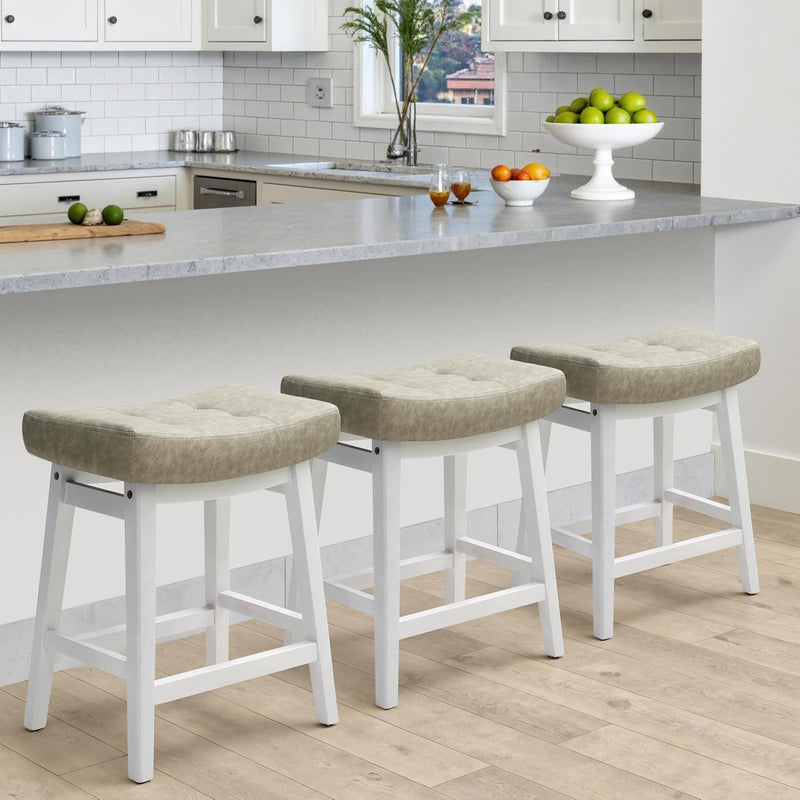 Counter Height Bar Stools Set of 3 for Kitchen Counter Farmhouse Modern Barstools with Faux Leather Upholstered Backless Seat and Solid Wood Legs 24 inch Bar Chairs, Grey + White