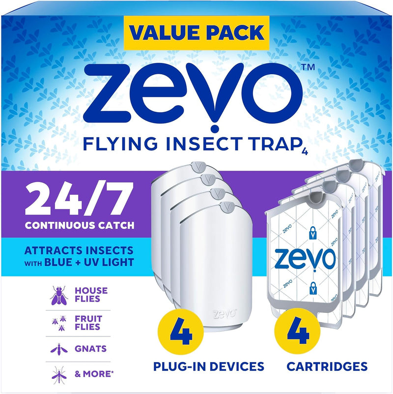 Zevo 2 Flying Insect Traps & 2 Refill Cartridges - Plug in Fly Trap & Indoor Bug Catcher for Gnats, House & Fruit Flies - Blue & UV Light Technology, Mess-Free Alternative to Bug Zapper