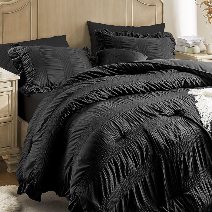 Queen Comforter Set Seersucker 7 Pieces Luxury Ruffle Bed in a Bag Queen Size for All Season White Bedding Set with Comforter, Pillowcases, Flat Sheet, Fitted Sheet and Pillow Shams