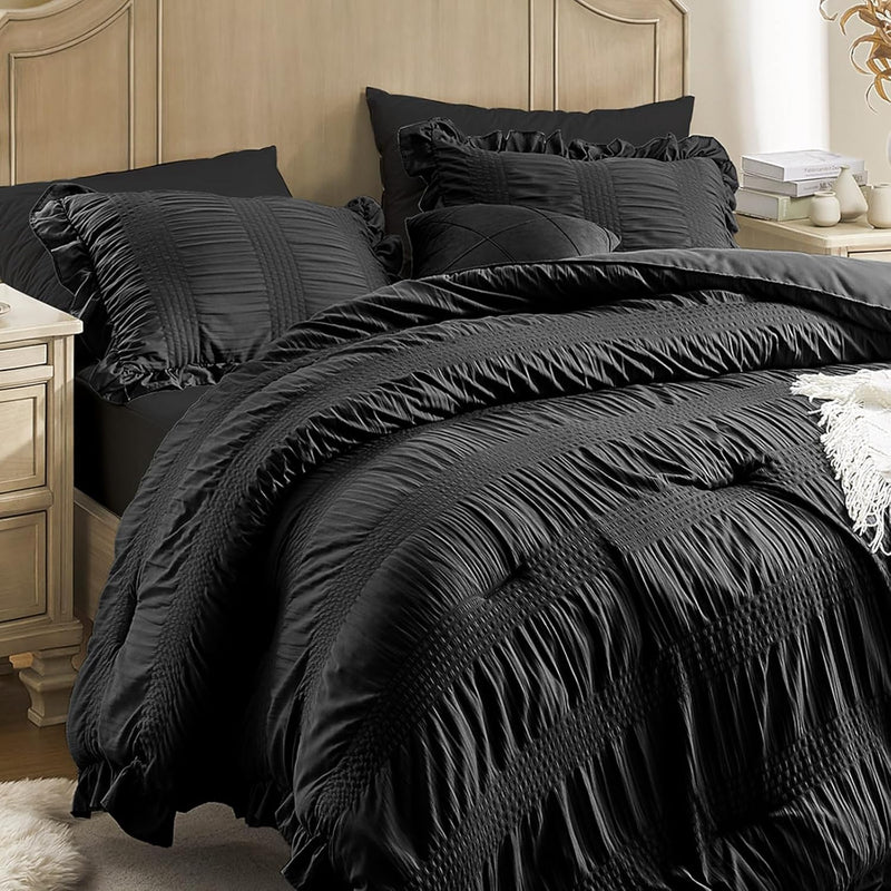 Queen Comforter Set Seersucker 7 Pieces Luxury Ruffle Bed in a Bag Queen Size for All Season White Bedding Set with Comforter, Pillowcases, Flat Sheet, Fitted Sheet and Pillow Shams