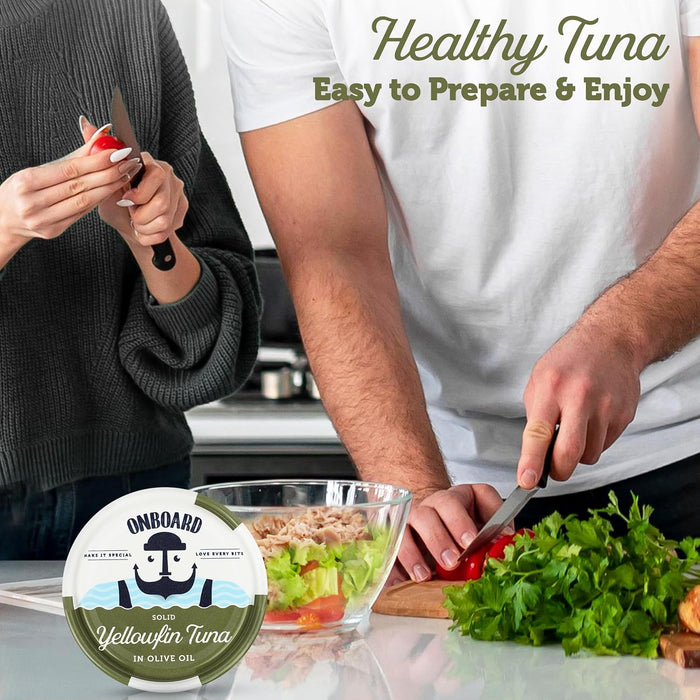 ONBOARD Premium Yellowfin Tuna in Olive Oil - 12 Pack Solid Light 5 Oz Cans Sustainably Wild Caught Canned Tuna, Non GMO, Gluten Free, Tinned Fish 24g Protein - Ingredient Rich Fish for Salad and Recipes