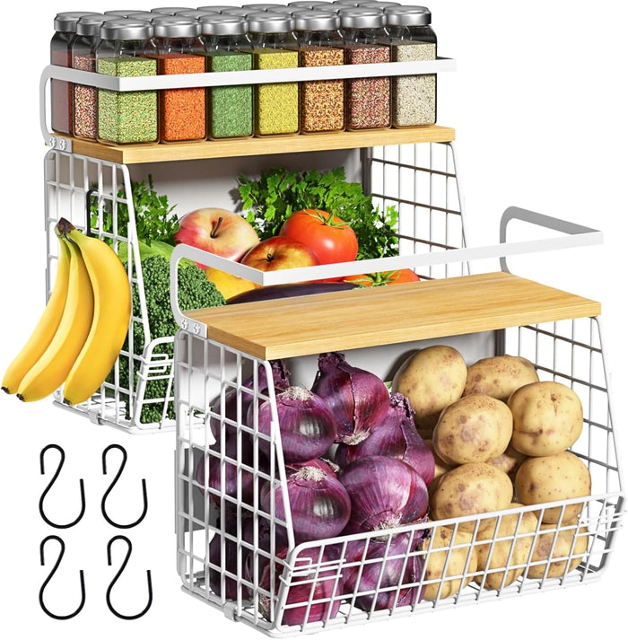 2 Set Magnetic Shelf for Refrigerator with Wood Lid, Fruit Potato & Onion Storage Bins, Pantry Organizers & Storage, Large Container Magnetic Spice Rack for Refrigerator, Kitchen Counter, Cabinet