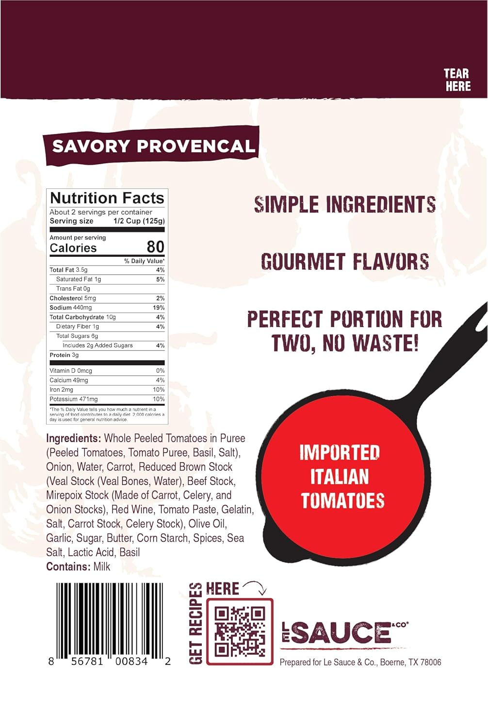 Always Fresh, Two Servings, Savory Provencal Gourmet Pasta Sauce (2-pack), Le Sauce & Co., Imported Italian San Marzano Tomatoes, Tomato Sauce, Spaghetti Bolognese, All Natural Spaghetti Meat Sauce