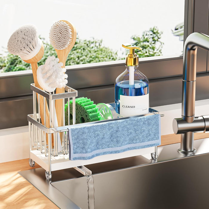 Cisily Black Sponge Holder for Kitchen Sink, Sink Caddy Organizer with High Brush Holder, Kitchen Countertop Organizers and Storage Essentials, Rustproof 304 Stainless Steel, Soap Dispenser Organize
