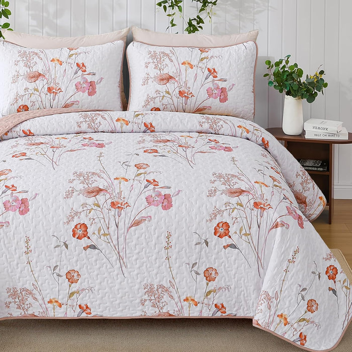 WONGS BEDDING 3 Pieces Quilt Set Queen Size, Purple Floral Botanical Plants Pattern Bedspread Coverlet Set with 2 Pillowcases, Soft Lightweight Microfiber Bedding Set for All Season(96"×90")