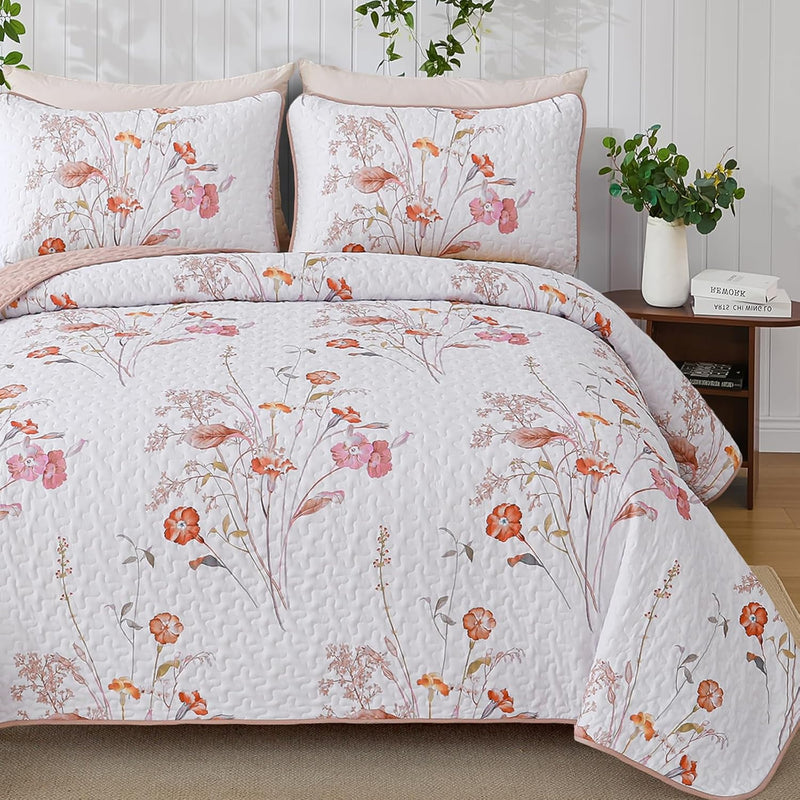 WONGS BEDDING 3 Pieces Quilt Set Queen Size, Purple Floral Botanical Plants Pattern Bedspread Coverlet Set with 2 Pillowcases, Soft Lightweight Microfiber Bedding Set for All Season(96"×90")