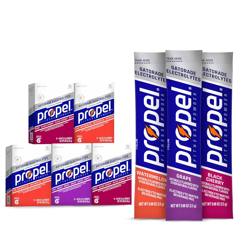 Propel Electrolyte Enhanced Water Drink Mix Powder Packets, 4 Flavor Variety Pack, Zero Calorie & Zero Sugar Hydration with Electrolytes and Vitamins C & E (50 Packets)