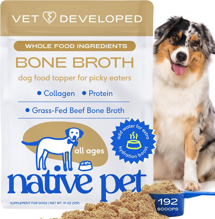 Native Pet Bone Broth for Dogs - Made with Real Beef Bone Broth, Dog Food Toppers for Picky Eaters - Provides Extra Hydration & Nutrition for Joint Strength, Immunity & Heart Health-48 Scoops