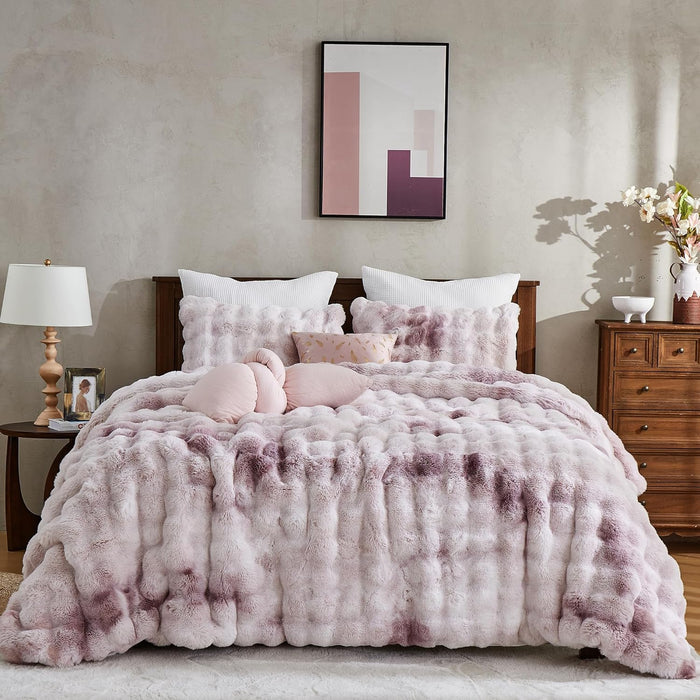 Wonderful 3 Pieces Fluffy Faux Rabbit Fur Bubble Comforter Set King Size, Tie-Dyeing Multiple Grey Plush Fuzzy Bedding Set, Warm Soft Bubble Comforter Bedding Set for Winter