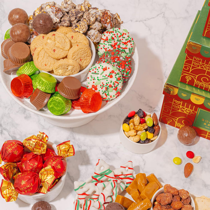Gift Tower, Candy Gift Basket, Assortment Tray Box- Men, Women, Children Kids & Families- Chocolate- Bonnie and Pop (Christmas)