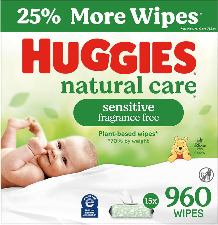 Huggies Natural Care Sensitive Baby Wipes, Unscented, Hypoallergenic, 99% Purified Water, 12 Flip-Top Packs (768 Wipes Total), Packaging May Vary