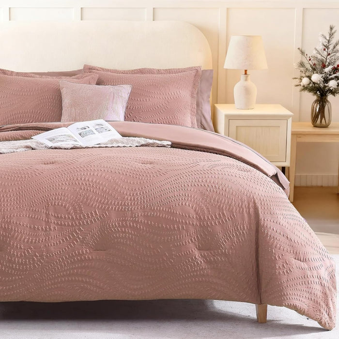 Geniospin Queen Comforter Set - 7 Pieces Brown Textured Queen Bedding Sets with Comforter, Sheets, Pillowcases & Shams，All Season Brown Bedding