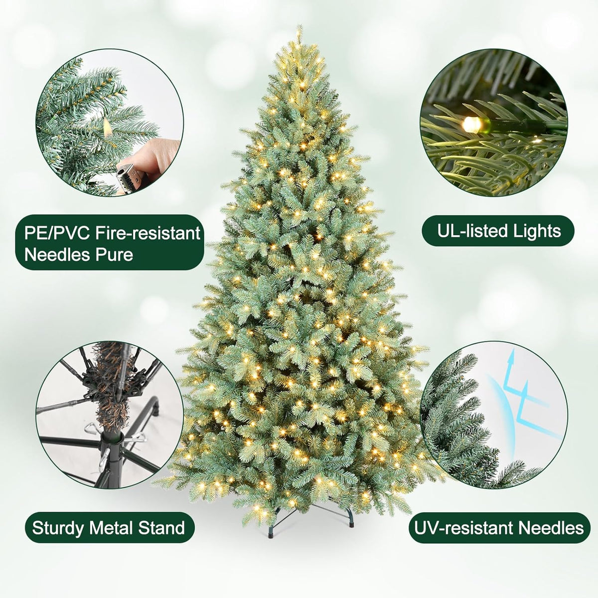 5ft Prelit Artificial Christmas Tree, Blue Spruce Xmas Tree with Hinged Branches for Easy Setup, Halloween Trees Tips with Lights for Home & Office Holiday Christmas Decor