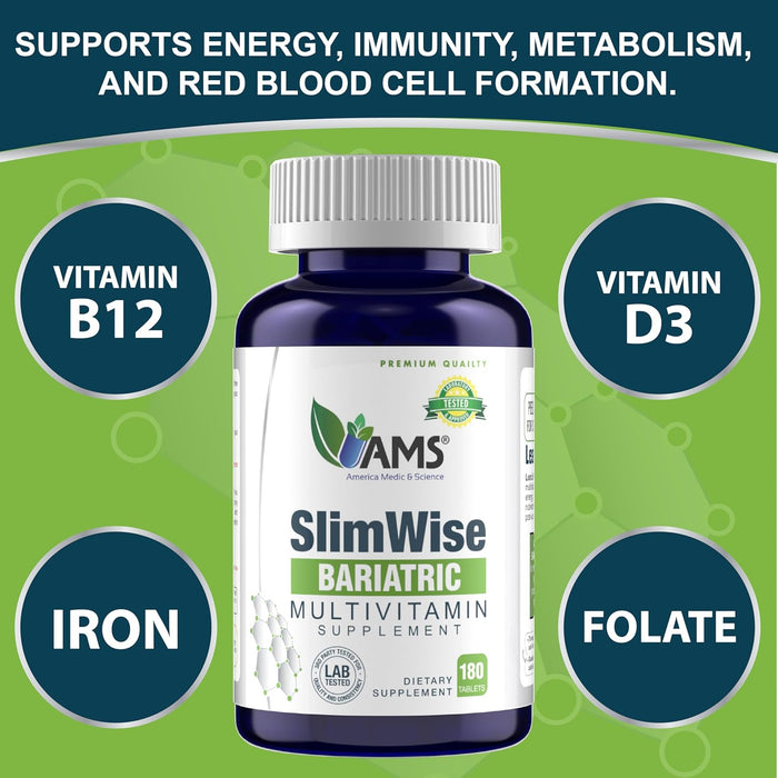America Medic & Science SlimWise Bariatric Multivitamin – 180 Caplets | 2-Month Supply | Post Gastric Bypass & Sleeve Support | Iron, B12, Vitamin D3, Folate | Easy-to-Swallow Bariatric Vitamins