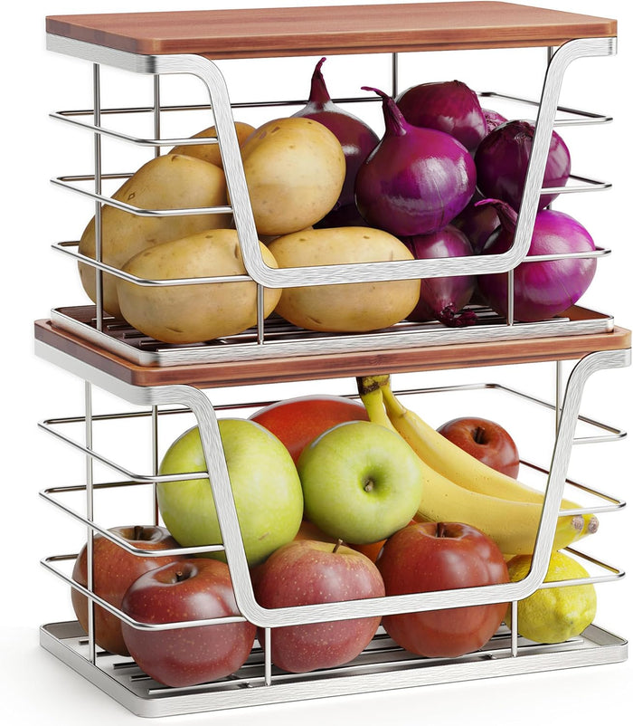 ALOCEO 2 Pack Storage Stackable Kitchen Laundry Organizers with Bamboo Top, Large Trash Bag Holder and Small Garbage Bag Dispenser for Countertop Organization
