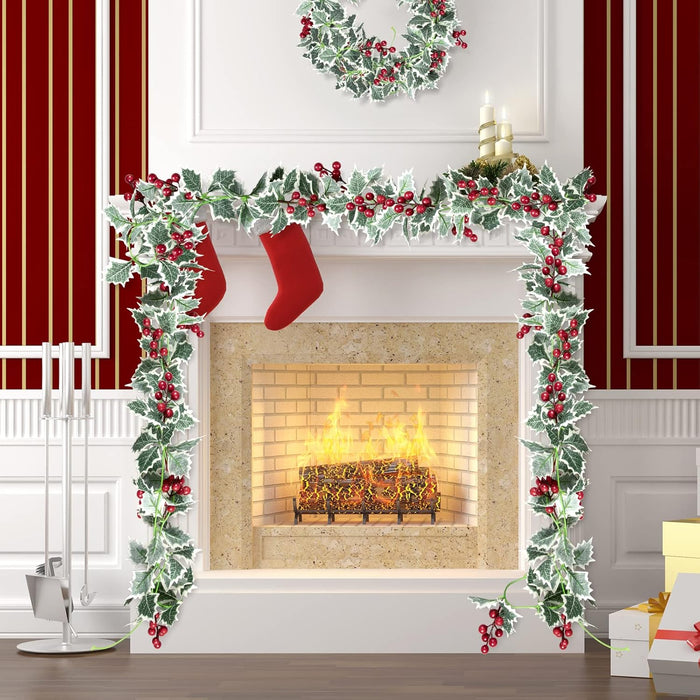 Whaline 2Pcs Christmas Artificial Garlands, 15.7Ft Xmas Berry Holly Leaves Garland Faux Greenery Garlands Winter Snowy Red Berries Hanging Vine for Wedding Party Home Decoration