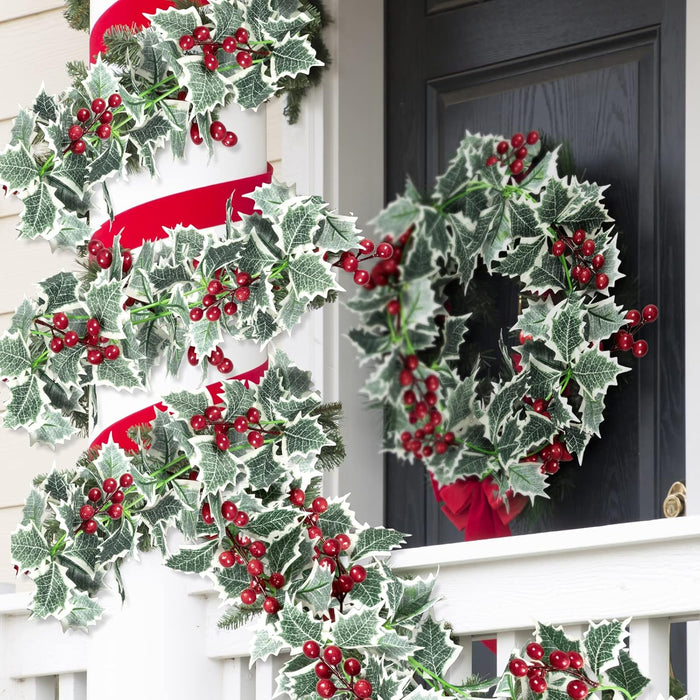 Whaline 2Pcs Christmas Artificial Garlands, 15.7Ft Xmas Berry Holly Leaves Garland Faux Greenery Garlands Winter Snowy Red Berries Hanging Vine for Wedding Party Home Decoration
