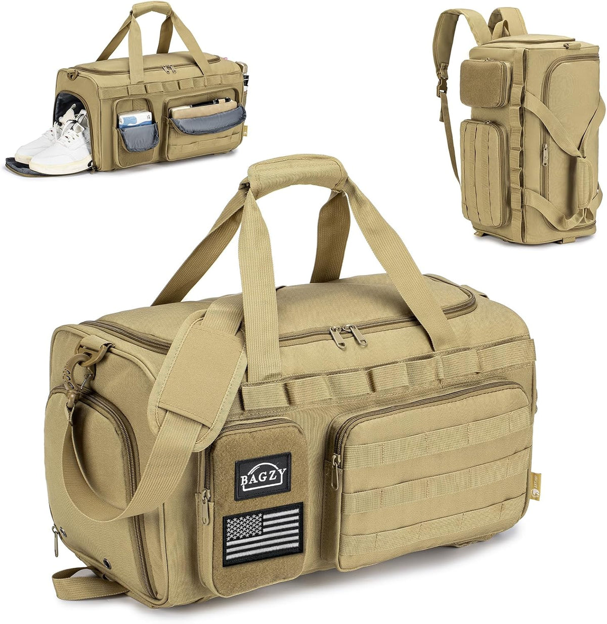 3 In 1 Tactical Military Travel Duffle Bag 40L with Shoe Compartment Gym Bag Backpack for Fitness Weekender Deployment Workout Black