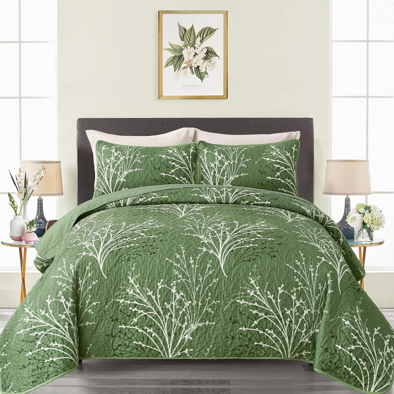 DJY Sage Green Quilt Set Full Size, Branch Botanical Pattern Bedspread Coverlet Set, 3 Piece Microfiber Green Floral Quilt Bedding Set Lightweight Summer Bedspread for All Season, 80''x90''