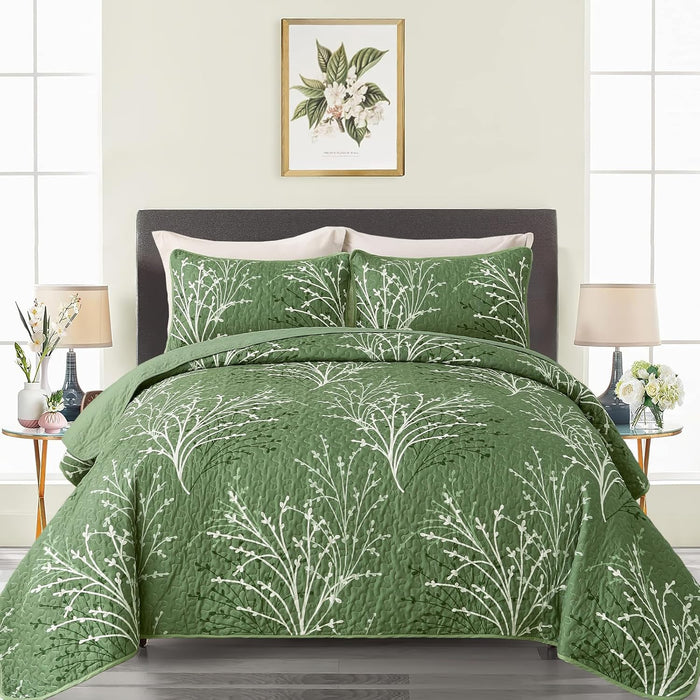 DJY Sage Green Quilt Set Full Size, Branch Botanical Pattern Bedspread Coverlet Set, 3 Piece Microfiber Green Floral Quilt Bedding Set Lightweight Summer Bedspread for All Season, 80''x90''