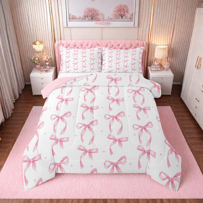 Erosebridal Ribbon Pink Bow Queen Comforter Set,Cute Pink Bows Bedding Set for Girls Teen Kids Bedroom Decor,Coquette Bowknot Bed Set Princess Bowtie Bedding Comforter Sets,2 Pillowcases