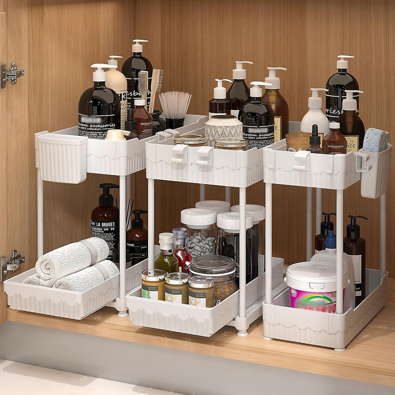 4 Pack Under Sink Organizer, Bathroom Organizers and Storage, 2 Tier Multi-Use Pull Out Cabinet Organizer with Hang Hooks and Cups (Black, 4 Pack)