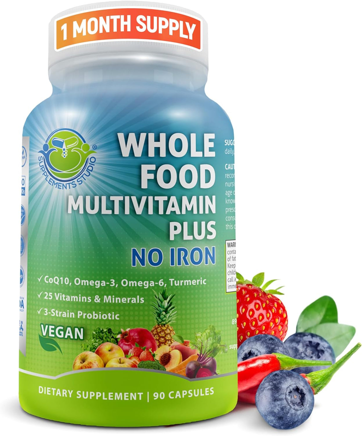 Vegan Whole Food Daily Multivitamin with Iron, Methylated Multivitamin for Women and Men, Made with Fruits & Vegetables, B-Complex, Probiotics, Enzymes, CoQ10, Omegas, Turmeric, Non-GMO, 180 Count