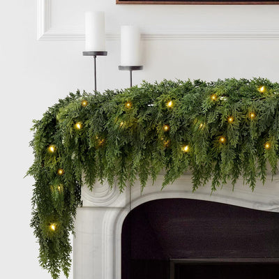 2PCS 9FT Pre-lit Christmas Cedar Garland with 100 Lights, Full 240 Pine Branches, Realistic Faux Garland Artificial Greenery for Fireplace Table Mantle Wall Indoor Outdoor Winter Holiday Decorations