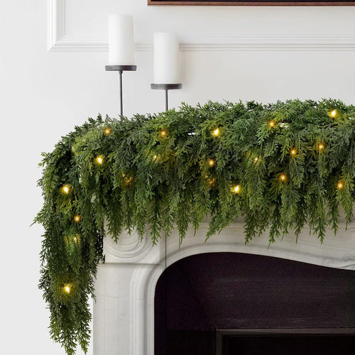 2PCS 6FT Pre-lit Christmas Cedar Garland with 60 Lights, Full 160 Pine Tips, Realistic Faux Garland Artificial Greenery for Fireplace Table Mantl Wall Indoor Outdoor Winter Holiday Decorations