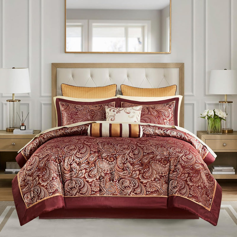 Madison Park Aubrey Cozy Comforter Set, Faux Silk Jacquard Paisley Design - All Season Down Alternative Bedding with Cotton Bed Sheets, Bed Skirt & Toss Pillows, Queen Navy 12 Piece