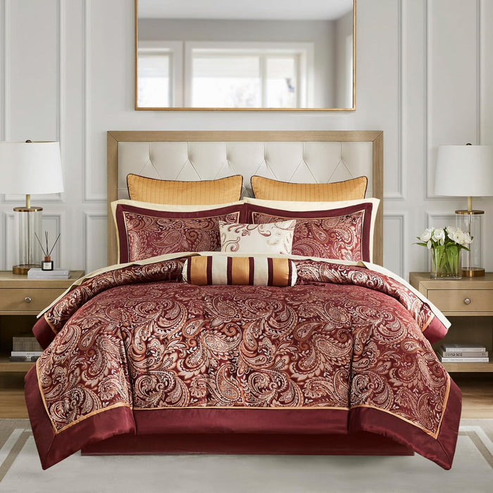 Madison Park Aubrey Cozy Comforter Set, Faux Silk Jacquard Paisley Design - All Season Down Alternative Bedding with Cotton Bed Sheets, Bed Skirt & Toss Pillows, Queen Navy 12 Piece