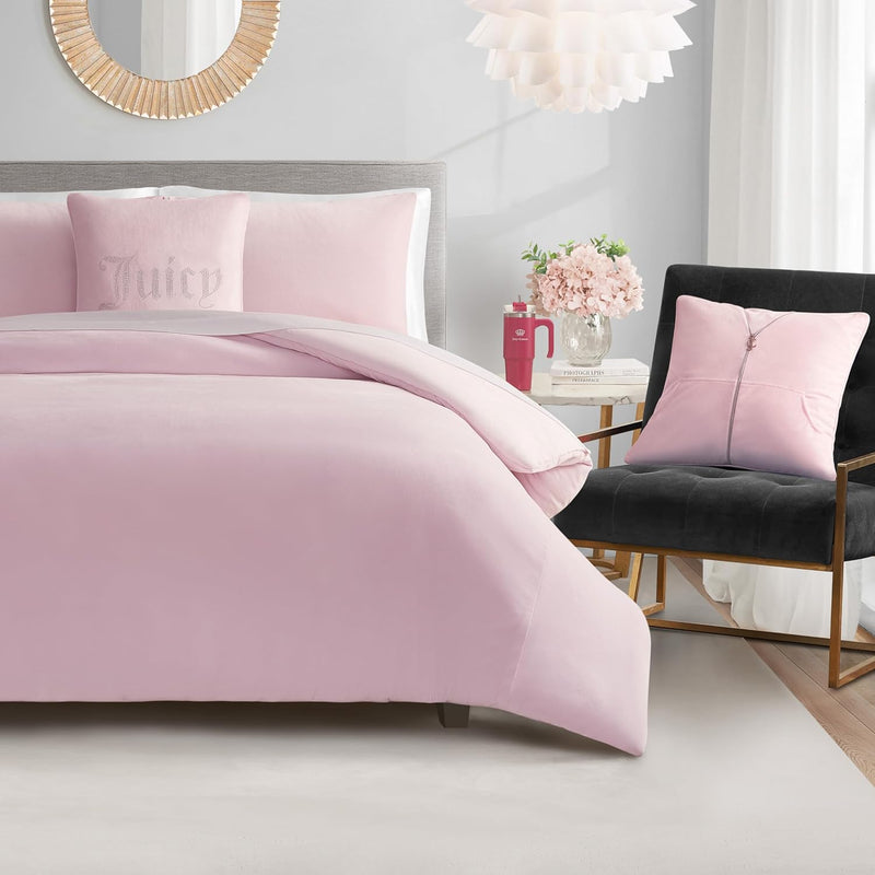 Juicy Couture Marshmallow Pink Velour Full/Queen Comforter Set - 3 Piece Luxury Bedding Ensemble
