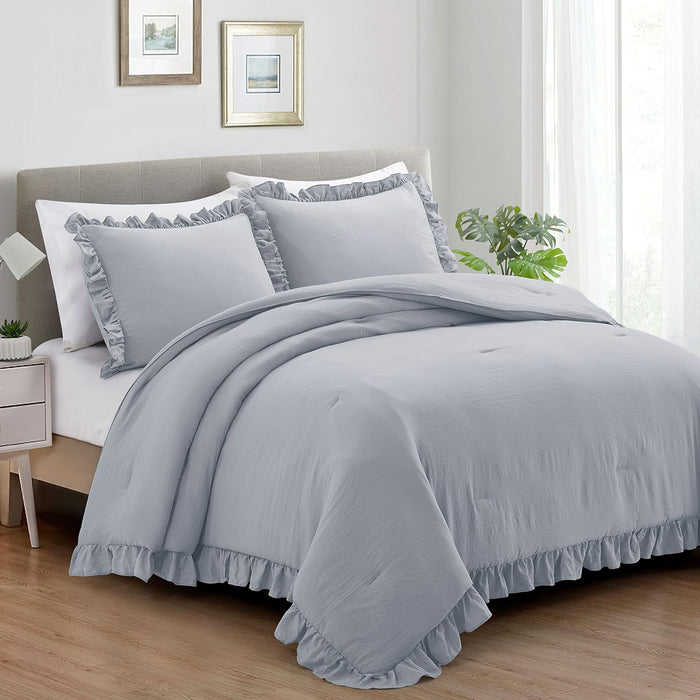 Queen Comforter Set - Ruched Comforter Queen Size Bed Set Boho Shabby Chic Bedding for Bedroom Comforter Fluffy 3 Piece Ruffle Comforter Set with Pillow White Bedding Soft