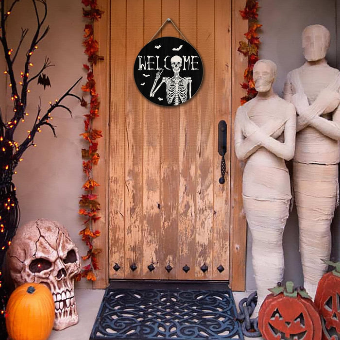 Halloween Skull Welcome Door Sign Halloween Front Door Hanger Decor Rustic Wood Hanging Door Wreath Wall Sign Home Party Outdoor Wall Decor