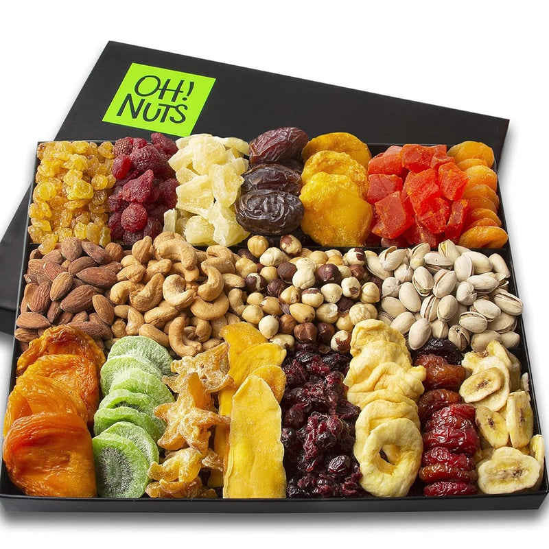 Oh! Nuts 5 Tier Gift Tower - 12 Assorted Dried Fruits and Nuts Gift Basket - Gourmet Healthy Snack Boxes for Holiday, Birthday, Thank You, Corporate Gifting, Parties & Family Celebrations