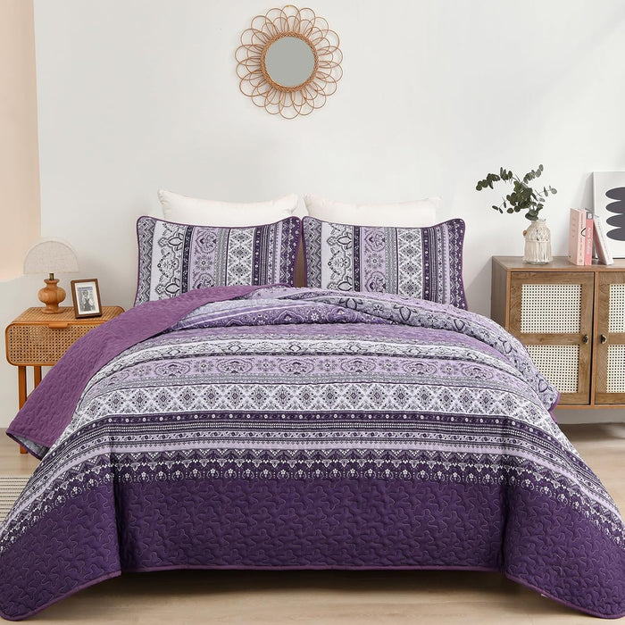 WONGS BEDDING Bohemian Quilt Set King Size, Boho Striped Printed Bedding Bedspread Coverlet Set for All Season, Lightweight Microfiber Quilts with 2 Pillowcases 104"x90" (3 Pieces, Colorful)