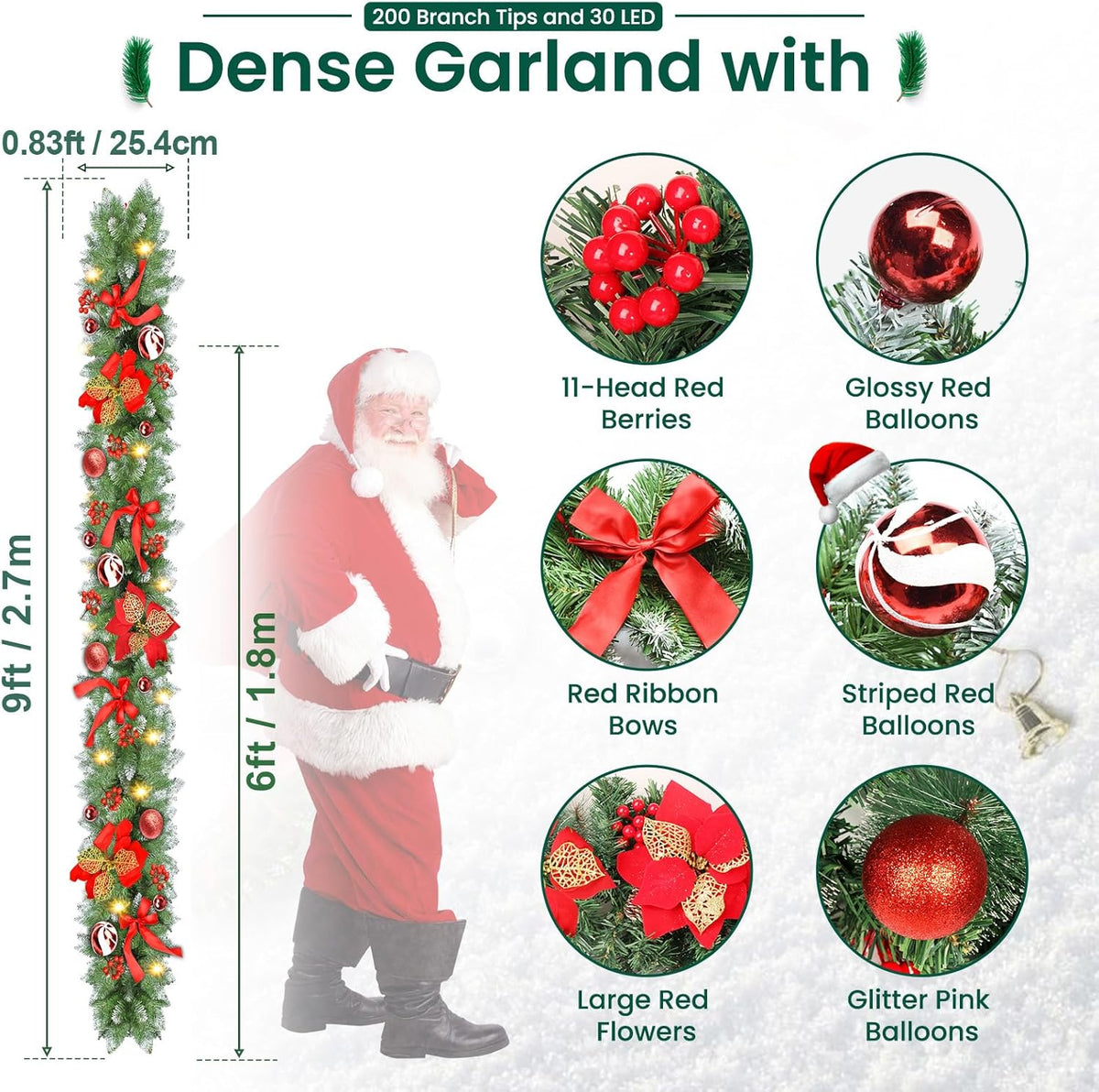 Christmas Garland with Lights, 30 LED 9FT Prelit Christmas Garland for Mantle,Outdoor Indoor Christmas Decorations Garland Battery Operated with Bows,Flowers,for Stairs,Railing,Fireplace,Front Door