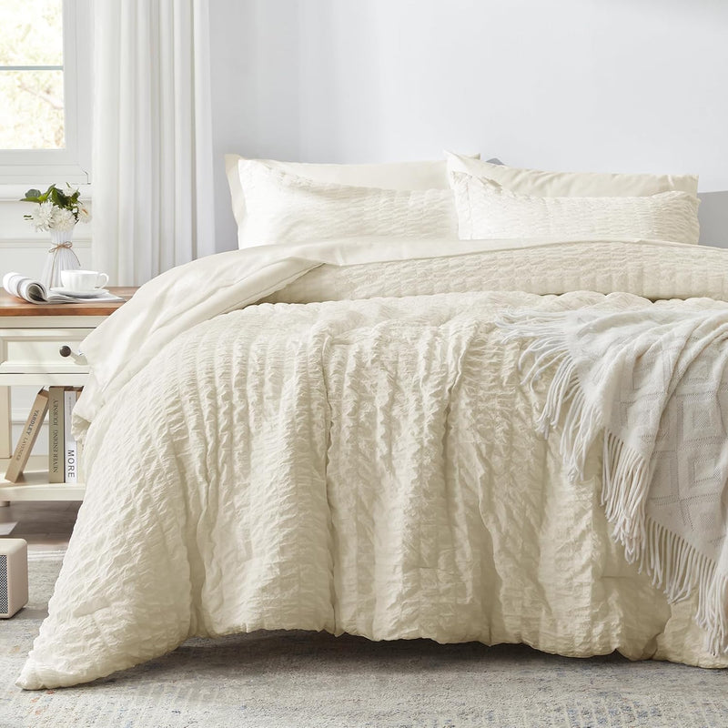 Zzlpp Queen Comforter Set 7 Pieces, Olive Green Seersucker Bed in a Bag with Comforter and Sheets, All Season Bedding Sets with 1 Comforter, 2 Pillow Shams, 2 Pillowcases, 1 Flat Sheet