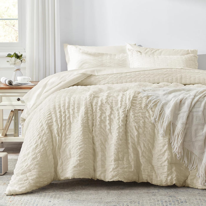 Zzlpp Queen Comforter Set 7 Pieces, Olive Green Seersucker Bed in a Bag with Comforter and Sheets, All Season Bedding Sets with 1 Comforter, 2 Pillow Shams, 2 Pillowcases, 1 Flat Sheet