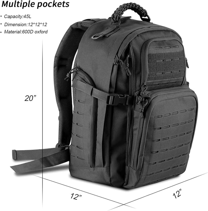 Military Backpack, Large 3 Day Tactical Backpack for Men Work Camping Army Molle Assault Pack Utility Bug Out Bag 45L Black