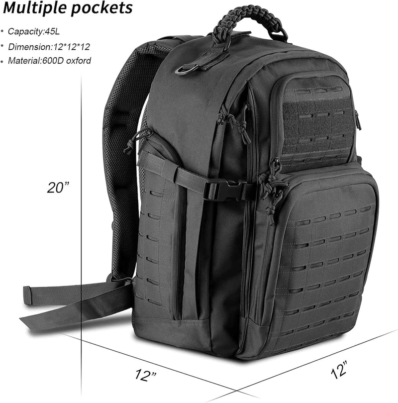 Military Backpack, Large 3 Day Tactical Backpack for Men Work Camping Army Molle Assault Pack Utility Bug Out Bag 45L Black
