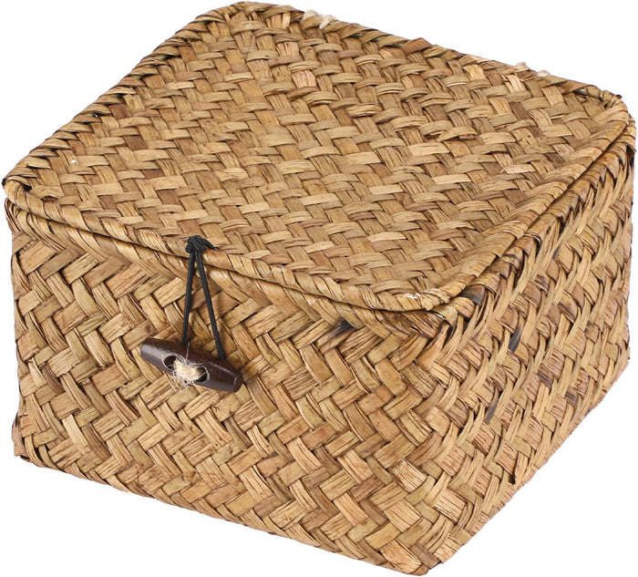 Hipiwe Handwoven Seagrass Basket Bin Square Household Storage Container with Lid Wicker Shelf Basket Bin for Bookshelf Living Room Bath Room, Large Caramel
