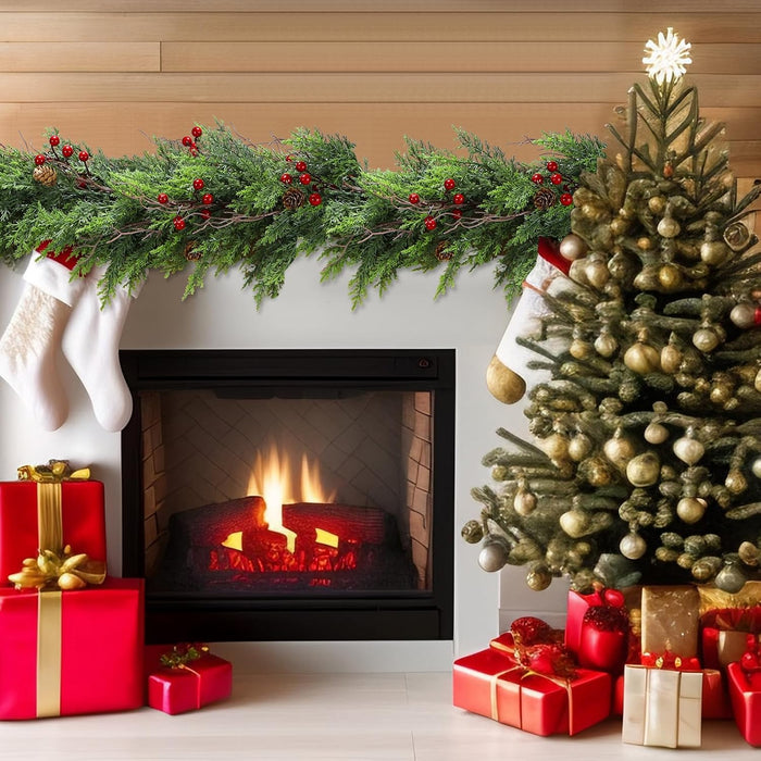 6FT Artificial Cedar Christmas Garland with Red Berries & Pine Cones – Full Faux Winter Greenery for Holiday Mantel, Staircase, Doorway, Indoor Outdoor Christmas Décor