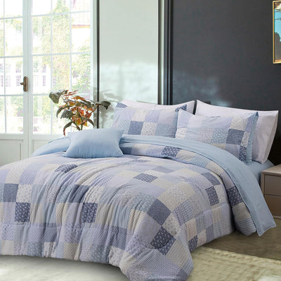 Holawakaka Patchwork Bedding Comforter Set Queen Size, 6 Pieces Floral Stripes Plaid Bed in A Bag, Soft Microfiber Cottage Lightweight Bed Set for All Season