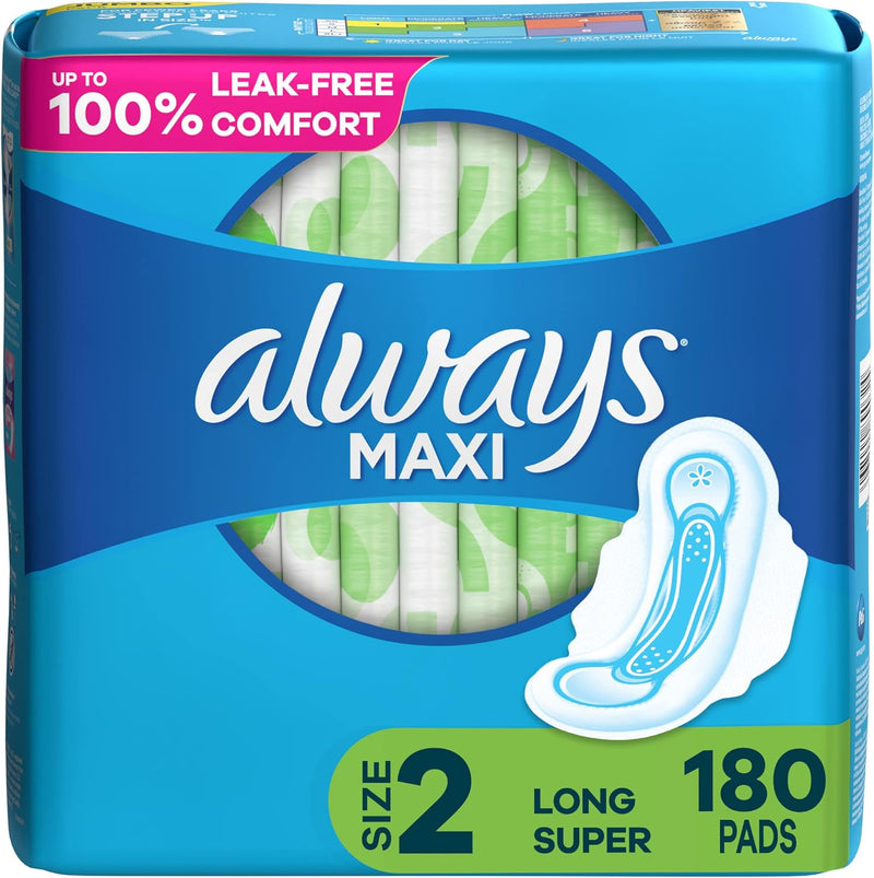 Always Maxi Feminine Pads with Wings for Women, Size 2, Long Super Absorbency, Unscented 60 Count