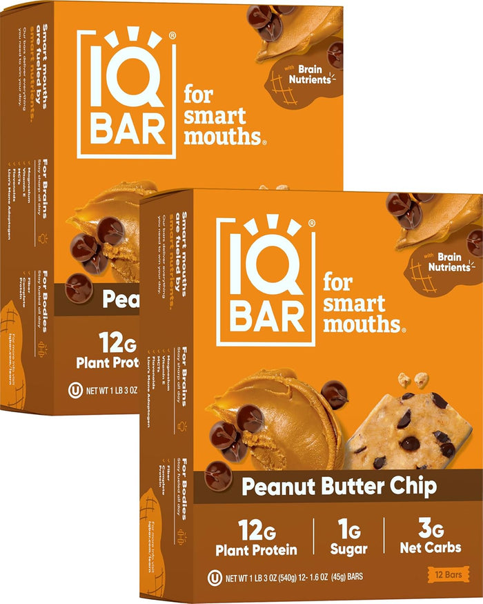 IQBAR Brain and Body Plant Protein Bars - Peanut Butter Chip - 24-Count - Keto, Vegan, Low Carb, High Fiber, Gluten Free, Dairy Free, Low Sugar Snack with Nutrients for Focus, Energy, Meal Replacement