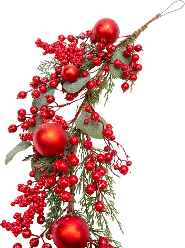 5 Feet Christmas Garland with Red Berry Christmas Balls Decorations with Pine Eucalyptus Leaves for Table Window Wall and Christmas Trees
