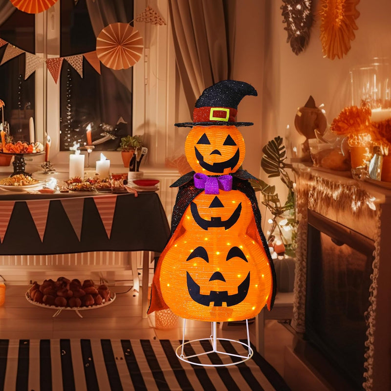 TW SHINE 3FT Halloween Collapsible Pumpkin Decorations, Light Up 60 LED Pumpkin with Cloak with 8 Lighting Mode, Pop Up Jack-o-Lantern for Outdoor Indoor Garden Yard Porch Home Party Decor